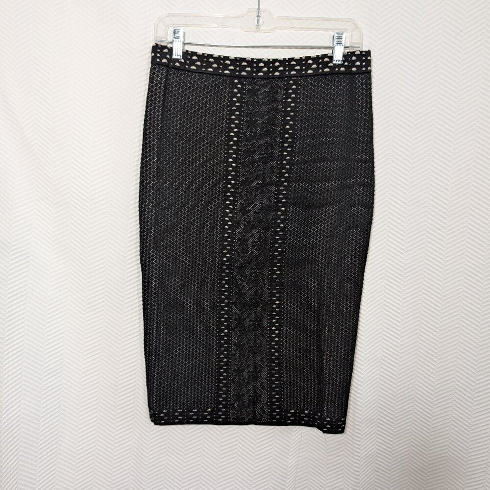 Max Studio Knit Pencil Midi Skirt Black & Beige Textured Pull-On Bodycon Medium